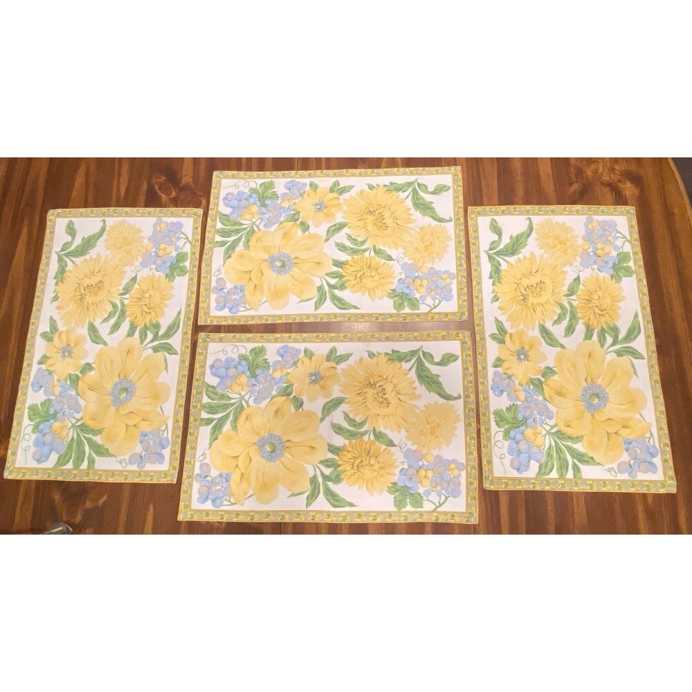 4 Butter Yellow and Blue Floral Grapes Placemats Cloth Great Condition Cottage